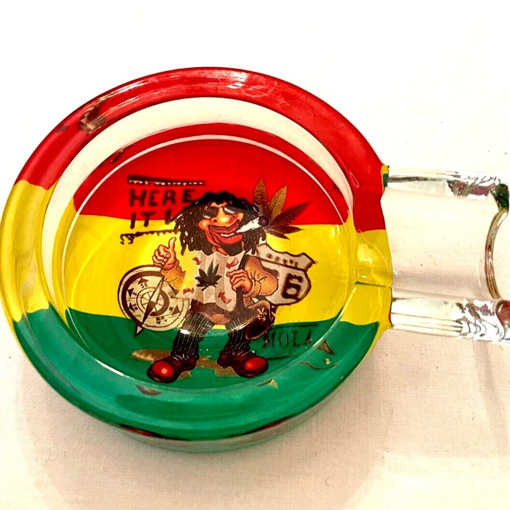 Cannabis Glass Ashtray Cartoon Man Figure round 3 1/2" wide